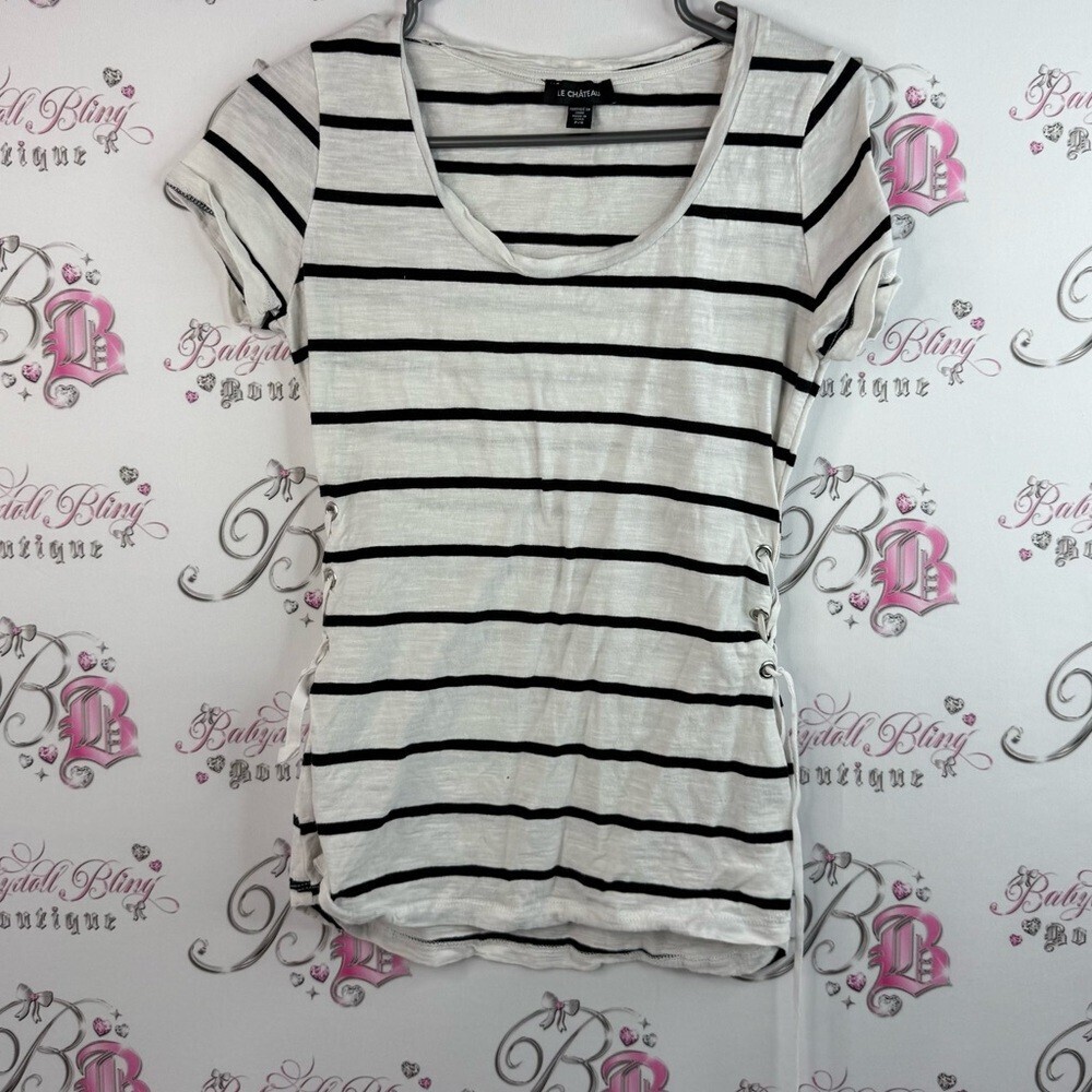 Le Chateau T-shirt, corset lace up sides Black White Striped Short Sleeve Tee